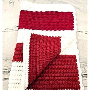 Handmade Crochet Blanket Throw Red White Striped Scallop Edge Soft Acrylic 32x48